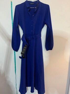 Newtoon Long Sleeve Belted Shirt Dress - Royal Blue